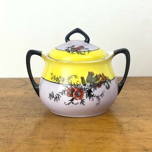 Vintage PM Bavaria 5” Covered Sugar Bowl Yellow Black White Floral Handled
